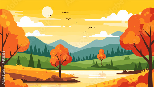 Autumn landscape with lake and mountains Autumn.