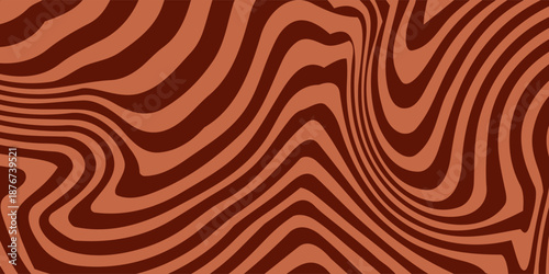 Retro coffee color background. Milk chocolate liquid dessert texture. Wavy swirl candy pattern for poster, cover, banner, pamphlet. Vintage brown trippy hippie wallpaper in 60s or 70s style. Vector