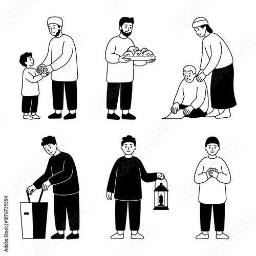 Ramadan Family Moments: A serene illustration portraying scenes of generosity and togetherness. Family members are engaging in acts of kindness, and gratitude, reflecting the spirit of the holy month.