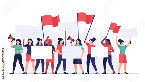 Diverse group of women participating in a protest or social movement while holding red flags and blank signs in a city.