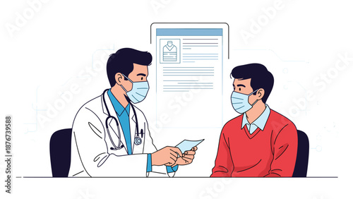 Male doctor in a white coat and face mask discussing medical results with a patient wearing a red sweater and mask.