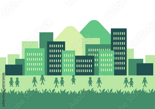 Skyscrapers and people in a city surrounded by mountains and greenery