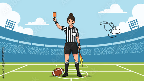 Female sports referee holding up a red card in a stadium during a football or soccer match to penalize a player.