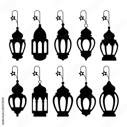 Elegant Lanterns in Shadow: A collection of exquisite, dark silhouettes of traditional lanterns, each one a unique emblem of cultural richness, evoke a sense of mystique and the allure of heritage.