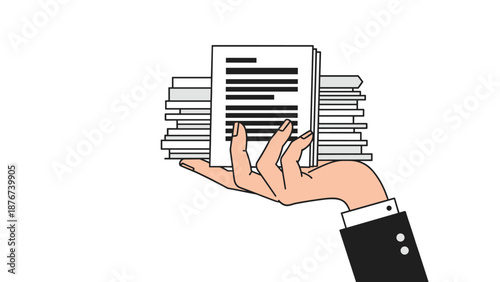 Hand of a businessman holding a large stack of paperwork and documents representing a heavy workload or administrative tasks.