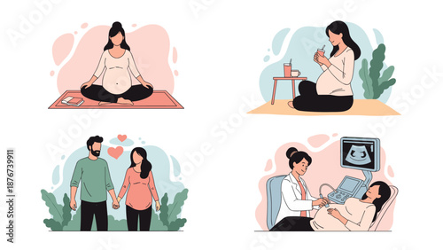 Collection of illustrations showing a pregnant woman practicing yoga, eating healthy, walking with her partner, and visiting a doctor.