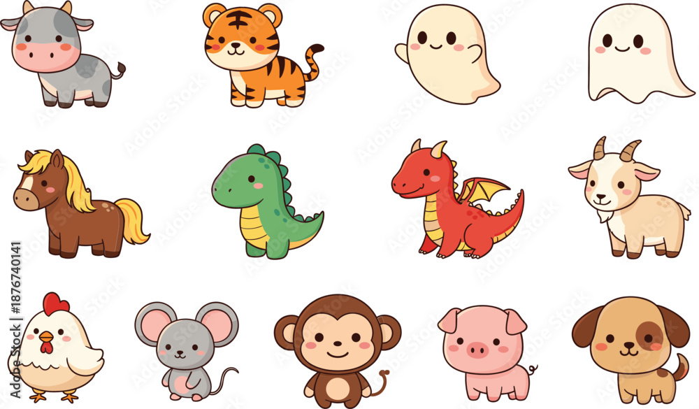 Fototapeta premium Cute farm wild and fantasy animal sticker set in kawaii flat vector illustration style