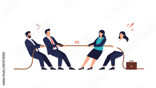 Two teams of business professionals competing in a tug of war to represent corporate competition and workplace challenges.