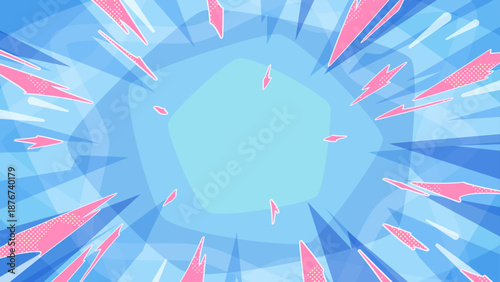 衝撃のエフェクトと集中線と五角形が広がる背景イラスト_水色とピンク_16:9