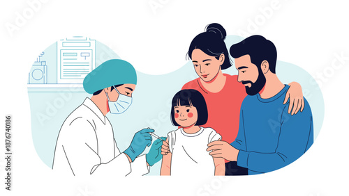 Young girl receiving a medical vaccination from a nurse while her supportive parents stand next to her in a clinic.