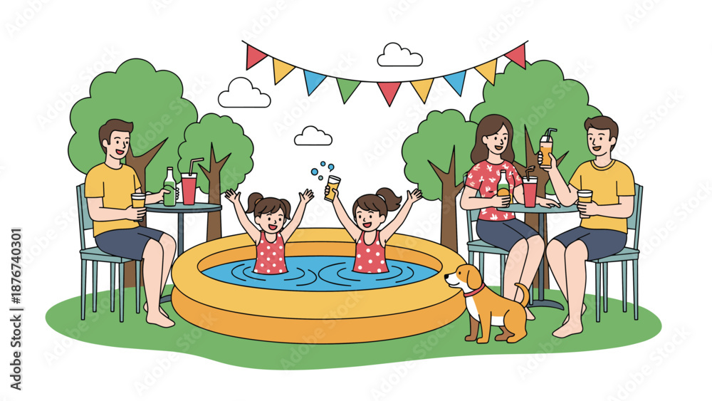 Fototapeta premium Happy family and friends enjoying a backyard pool party with kids swimming and adults drinking beverages under a sunny sky.