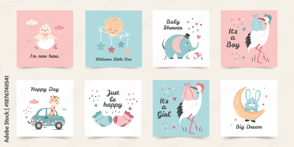 Fototapeta premium A large set of templates for birthday invitations and postcards. Newborn baby, baby shower. Children's party. Cute vector design