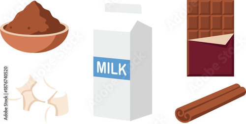 Hot Chocolate Ingredients Set: Cocoa Powder, Milk Carton, Chocolate Bar, Marshmallows, and Cinnamon