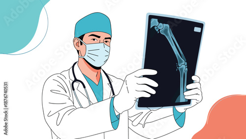 Medical professional wearing a face mask and surgical gloves examines a detailed bone X-ray to diagnose a knee joint injury.