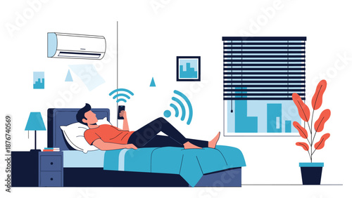 Young man relaxes on a bed while using a smartphone application to wirelessly control his smart home air conditioning unit.