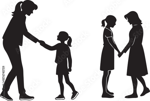 Silhouette of mothers holding hands with their daughters on gray background