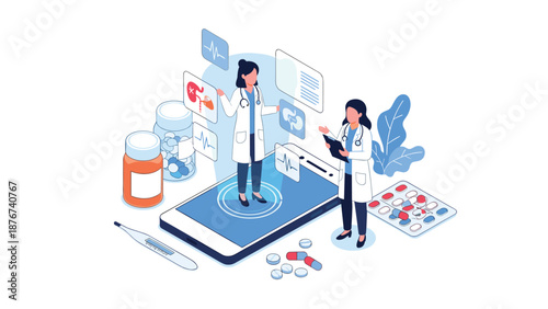 Modern isometric illustration depicts a virtual healthcare system with doctors and medical icons appearing on a smartphone.
