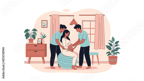 Pregnant woman sits on a blue exercise ball while receiving support and physical assistance from two male companions at home.