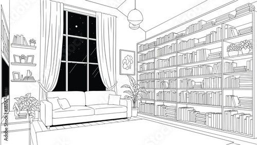 Detailed black and white line art illustration shows a cozy living room interior with a massive bookshelf and sofa.