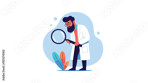 Curious scientist in a white laboratory coat uses a large magnifying glass to inspect a small plant for research.