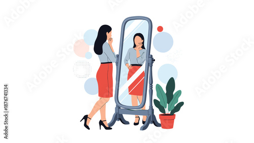 Confident woman stands in front of a full length mirror to check her reflection and outfit before leaving her home.