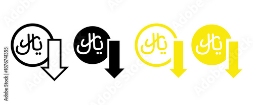 Iranian Rial Currency Icon with Down Arrow Trend. representing currency depreciation, inflation, economic decline, financial crisis, or exchange rate fall. Suitable for finance, economy, news.