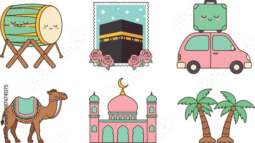 Cute Hajj and Umrah travel icon set with Islamic landmarks transport and symbols in pastel flat vector illustration