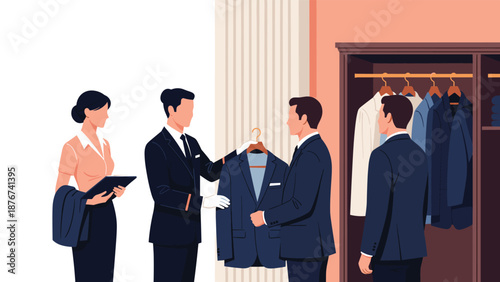 Professional tailor assists a male client in selecting and fitting a luxury suit within an upscale boutique clothing store.