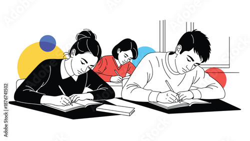 Focused students sit at their classroom desks and write diligently during an important academic examination or school test.
