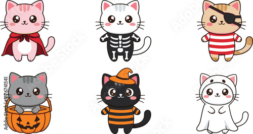 Cute Halloween cat character set wearing costumes including vampire skeleton pirate pumpkin and ghost in flat vector illustration
