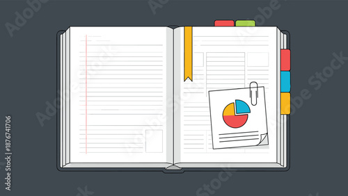Open book features a colorful pie chart on a pinned note to represent data analysis, statistics, or financial research.