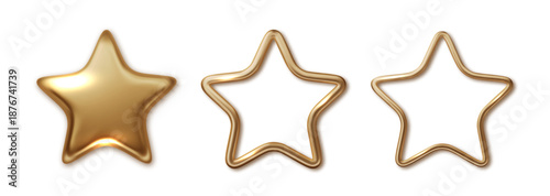 Golden 3D star realistic. Metallic icon set isolated on white background. Shiny award design