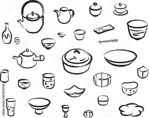 筆タッチのシンプルな食器のイラストセット