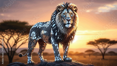 Majestic mosaic lion standing on rock at sunset savannah