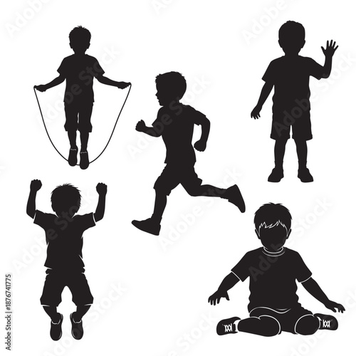 Set of 5 boy silhouette poses including running, jumping, waving, sitting and skipping rope in flat minimal style vector illustration