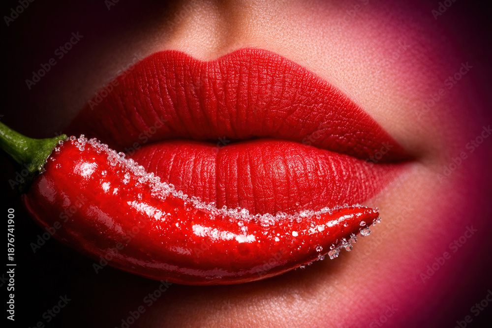 Obraz premium Extreme Close Up Of Red Lips Holding Sugar Dusted Red Chili Pepper
