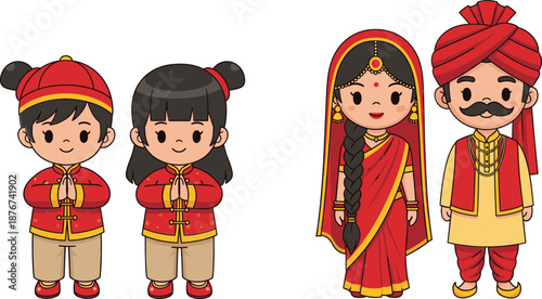 Cute Indian children and traditional couple wearing cultural outfits flat vector illustration for festival design