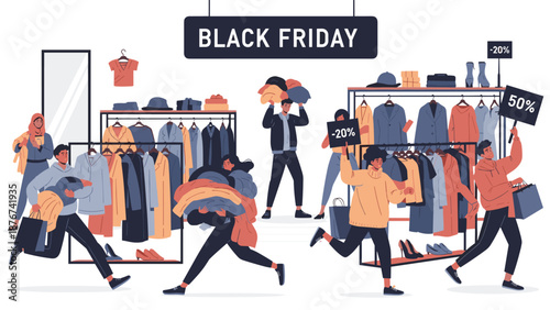 Black Friday shopping event with crowd of diverse people running and carrying bags with clothes in fashion store.