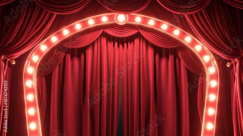 An empty theater stage framed by red curtains and glowing marquee lights