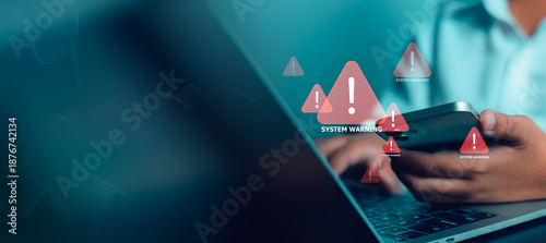 Photos Man hands holding smartphone with virtual system warning icons