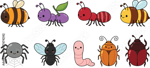Cute insects and bugs character set including bees ants spiders worms and beetles in flat vector illustration