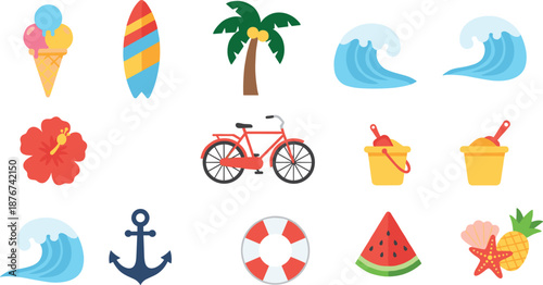 Summer Vacation Illustration Set Featuring Beach Icons, Ice Cream, Surfboard, Waves, Palm Tree, Fruits and Travel Elements