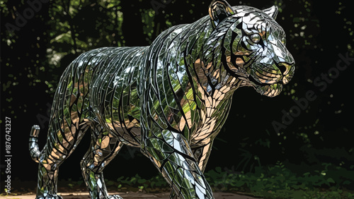 Stunning mosaic tiger sculpture in forest setting with reflective surface