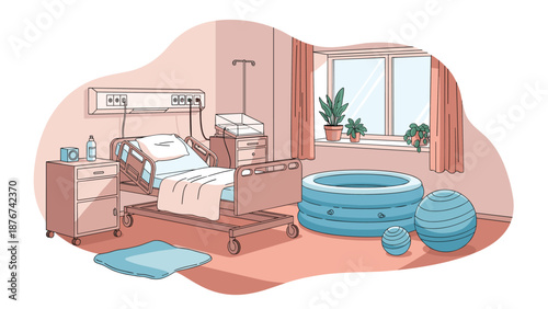 Modern hospital maternity room designed for natural water birth with tub and yoga balls in professional facility.