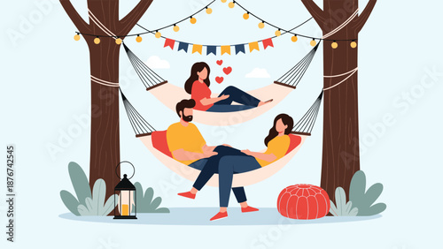 Friends and a couple relax in hammocks strung between tall trees decorated with festive string lights and flags in a backyard at night.