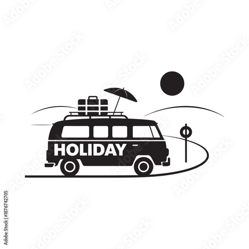 a black and white image of a holiday van with luggage and umbrella