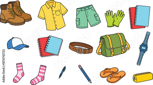 Cartoon travel and school items set, backpack, boots, shirt, shorts, cap, watch, stationery, kids vector illustration, colorful supplies