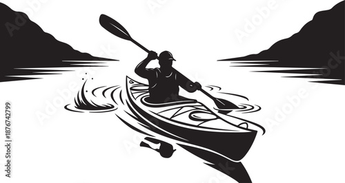 Kayaker Paddling Through Serene Waterway Surrounded by Mountains Silhouette