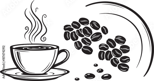 Steaming Cup of Coffee with Coffee Beans Illustration