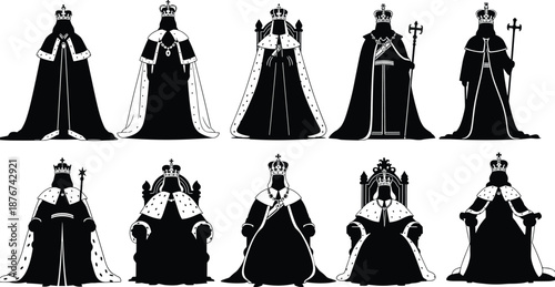 Black silhouette vector illustration set of royal kings and queens wearing crowns and robes standing or sitting on thrones isolated on white